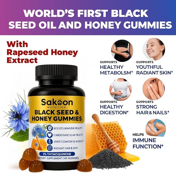 Sakoon nutrition Black Seed Oil Gummies with Honey and W/ 2%+ THYMOQUINONE - Nigella Sativa Seeds - Super antioxidant for Immune Support, Joints, Digestion, Hair & Skin - 60 Gummies