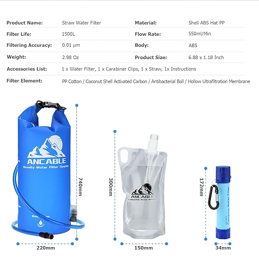 Gravity Water Filter Straw, 1.5 Gal Camping Water Filtration System with 1L Hiking Collapsible Water Bottles and Water Filter Straw for Travel, Backpacking, Emergency Preparedness, Blue