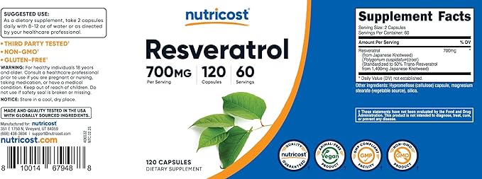 Nutricost Resveratrol 700mg, 120 Capsules - Vegan, Gluten Free, Non-GMO