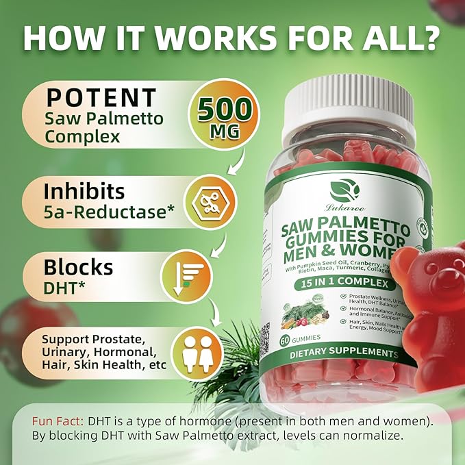 Saw Palmetto for Men & Women, 15 in 1 Saw Palmetto Extract Gummies with Pumpkin Seed Oil, Prostate Health Supplements for Men, Advanced DHT Blocker, Hair & Urinary Health Support, 2 Pack