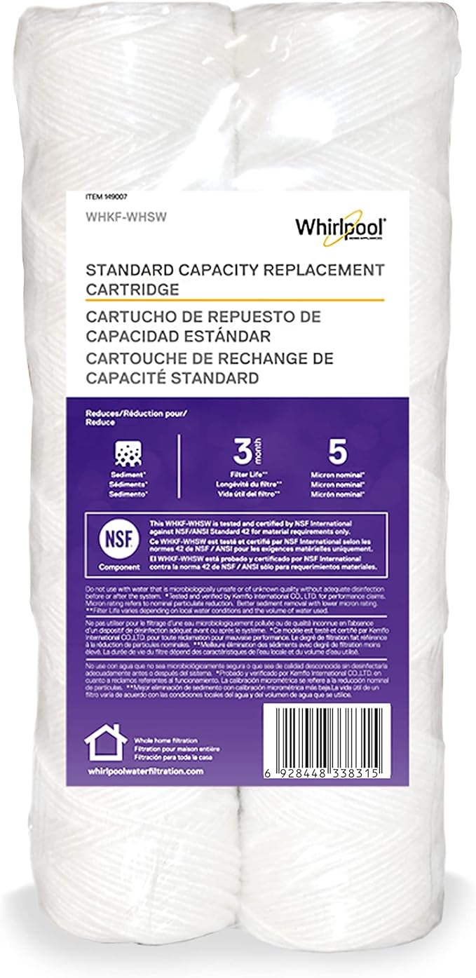 Whirlpool 10" x 2.5" String Wound Whole House Water Filters, NSF Certified 5-Micron Filtration Reduces Sediment for Well Water, WHKF-WHSW, 2-Pack