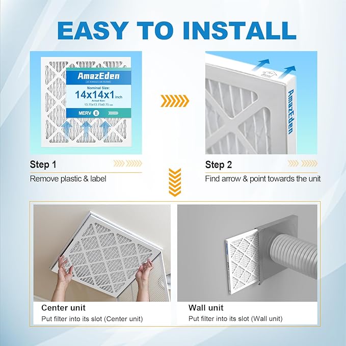 14x14x1 Air Filter MERV 8 2Pack MPR 600 FPR 5 AC Furnace Filters Pleated Dust Defense Air Conditioner Replacement Filters Home Office (Actual Size: 13.75x13.75x0.75 Inches)