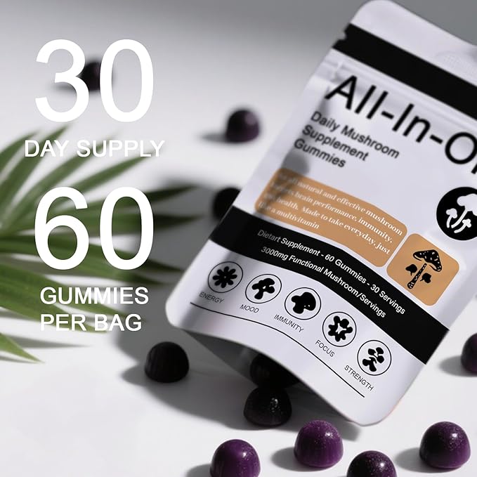 Super Mushroom Daily Gummies - Chaga, Lions Mane, Reishi, Cordyceps Mushroom Supplement Gummy - 60 Gummies (1)