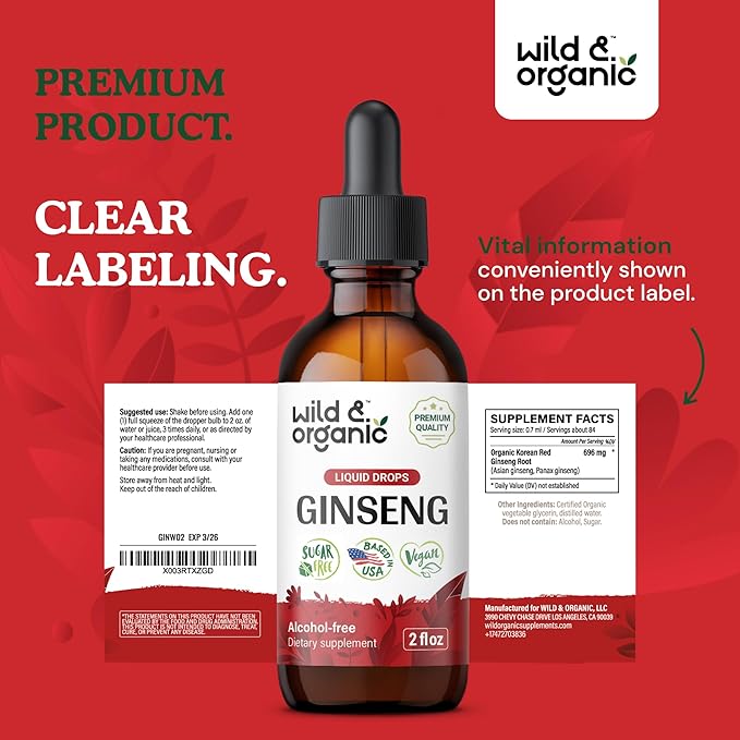 Wild & Organic Korean Red Ginseng Extract Drops - Panax Ginseng Supplement for Immune Support - Liquid Root Tincture for Overall Well-Being - Vegan, Sugar & Alcohol-Free - 2 fl oz