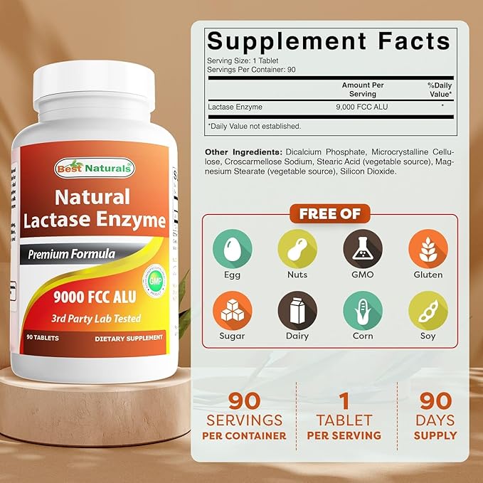 Best Naturals Lactose Intolerance Relief Tablets with Natural Lactase Enzyme, Fast Acting High Potency Lactase, 9000 FCC ALU, 90 Count