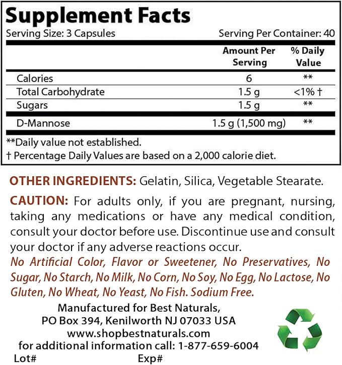 Best Naturals D-Mannose Capsules - Urinary Tract Cleanse Supplement 1500mg/Serving - 120 Count