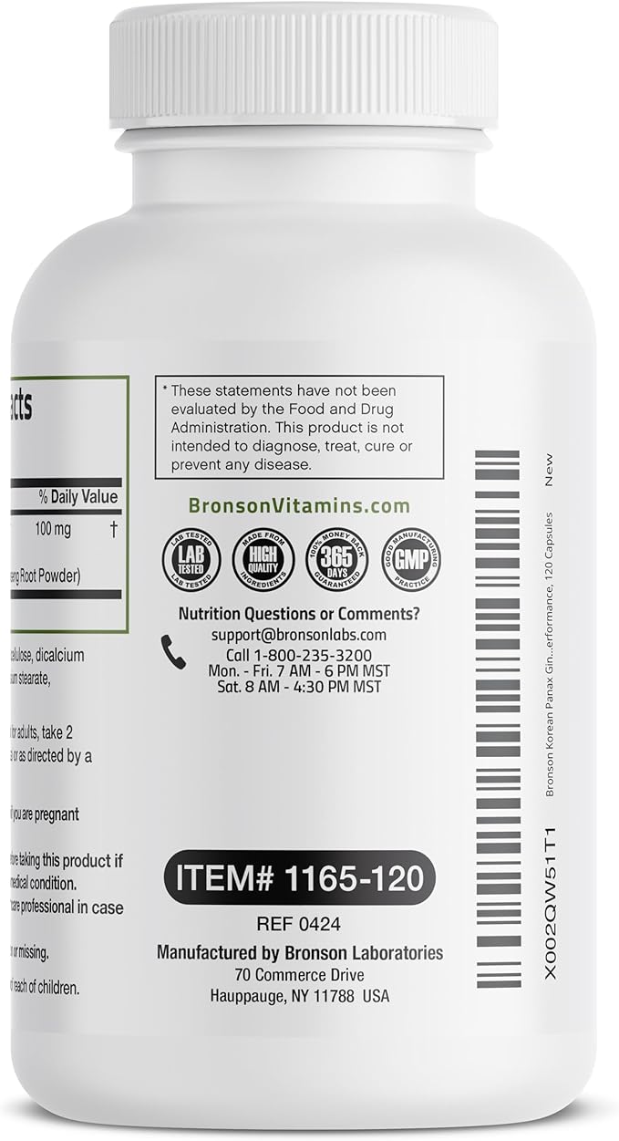 Bronson Korean Panax Ginseng Supports Energy, Endurance & Vitality + Memory and Mental Performance, 120 Capsules