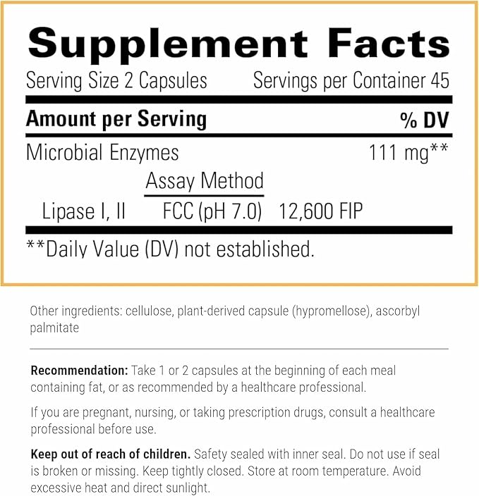 Integrative Therapeutics Lipase Concentrate-HP - Enzyme Supplement for The Digestion of Fats - Nutrient Absorption & GI Tract Health Support* - Dairy-Free & Vegan - 90 Count (45 Servings)