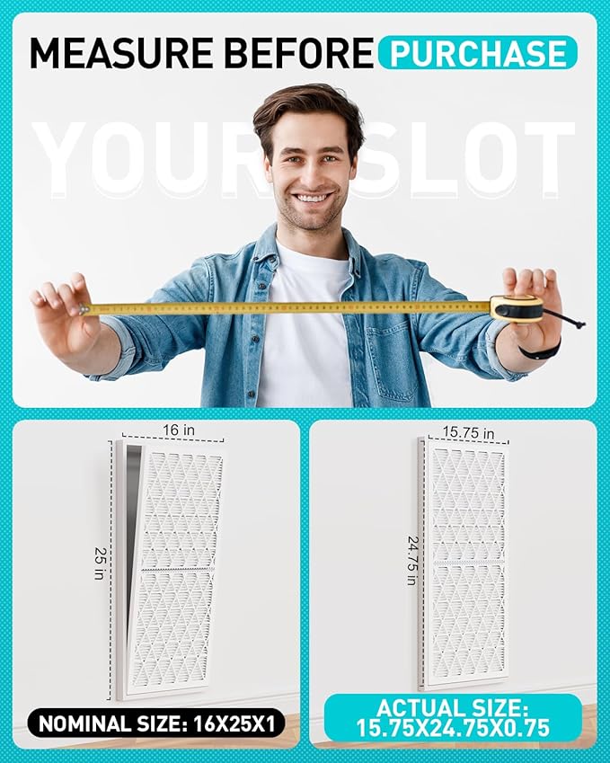 16x25x1 Refillable Air Filter Kit, MERV 8, 1 Reusable Foldable Frame & 6 Refills, Fits Most AC HVAC Furnace Devices, Actual Size 15.75x24.75x0.75in