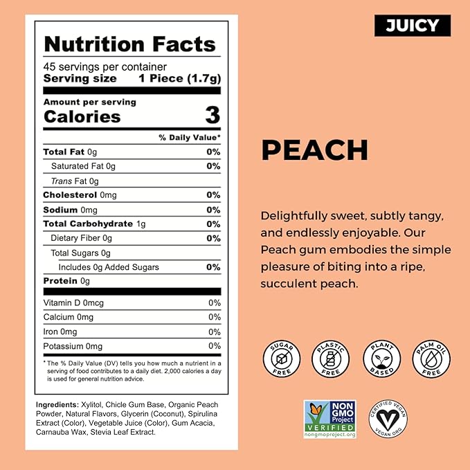 Refresh Gum, Xylitol, Natural, Sugar Free, Plastic Free, Aspartame Free, Natural Flavors & Organic Ingredients, Plant-Based, Low Calorie, Non GMO, Gluten Free, Vegan, Peach Flavor, 12 Pcs, 5 Pack