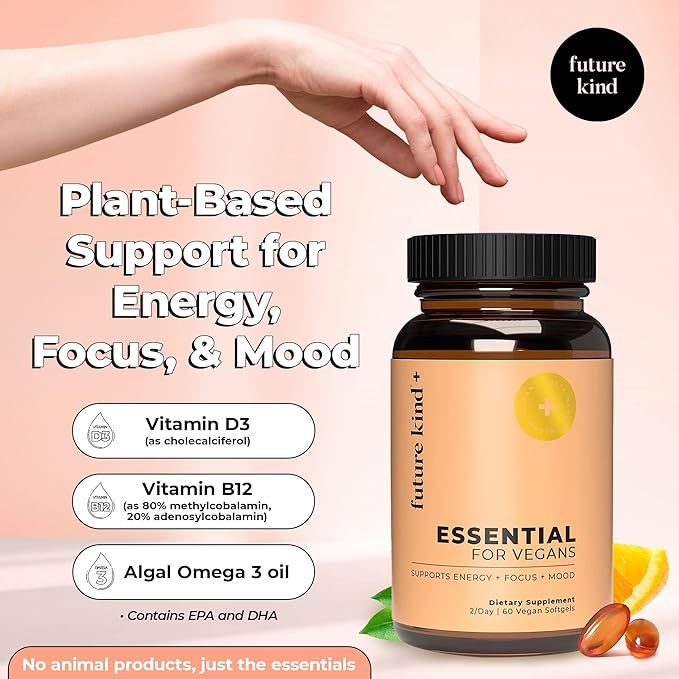 Future Kind Vegan Multivitamins - Glass Bottle & Made for Vegans with Omega 3 DHA, EPA, Vitamin B12 & D3 for Energy, Focus, & Mood (60 Softgels)