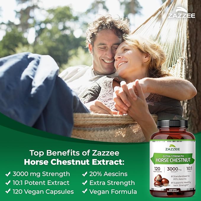 Zazzee Extra Strength Horse Chestnut 10:1 Extract, 3000 mg Strength, 20% Aescins, 4 Month Supply, 120 Vegan Capsules, Concentrated and Standardized 10X Extract, All-Natural, Non-GMO, Made in The USA