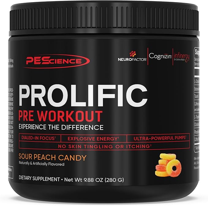 PEScience Prolific Pre Workout Powder for Men & Women with L-Citrulline Nitric Oxide Booster, Energy Powder & Nootropic for Focus – Preworkout Without Beta Alanine – 40 Scoops, Sour Peach Candy