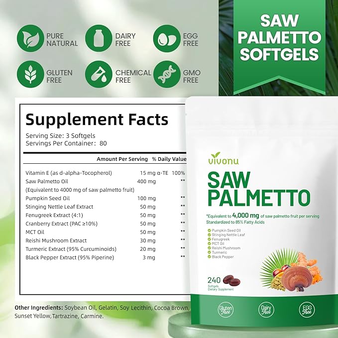 Saw Palmetto Capsules Extract 8 in 1, Pumpkin Seed Oil - Supports Prostate Health, Relieves Urination Issues, Supports Hair Growth, DHT Blocker 240 Softgels