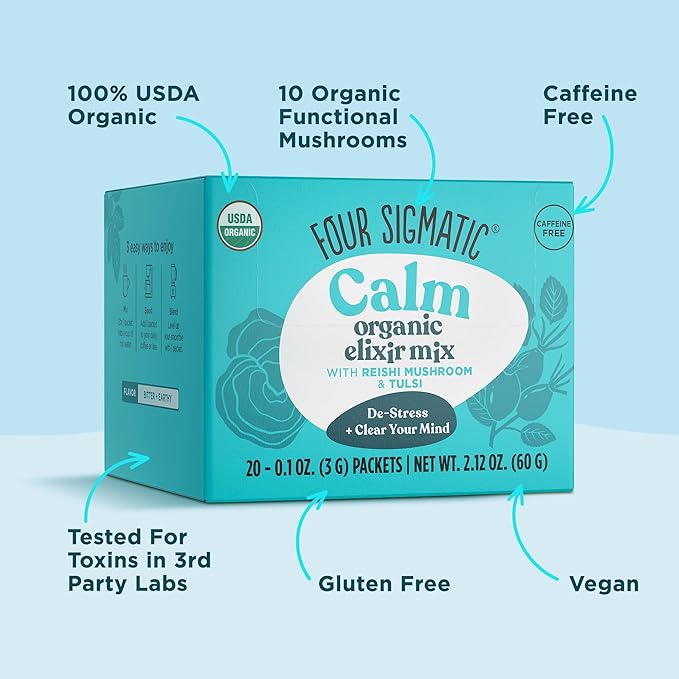 Reishi Mushroom Elixir Mix by Four Sigmatic | Coffee Alternative with Organic Reishi Mushroom Powder, Tulsi, Rose Hips & Mint | Support Stress & Sleep | Decaf, Vegan, Gluten-Free & Keto | 20 Packets