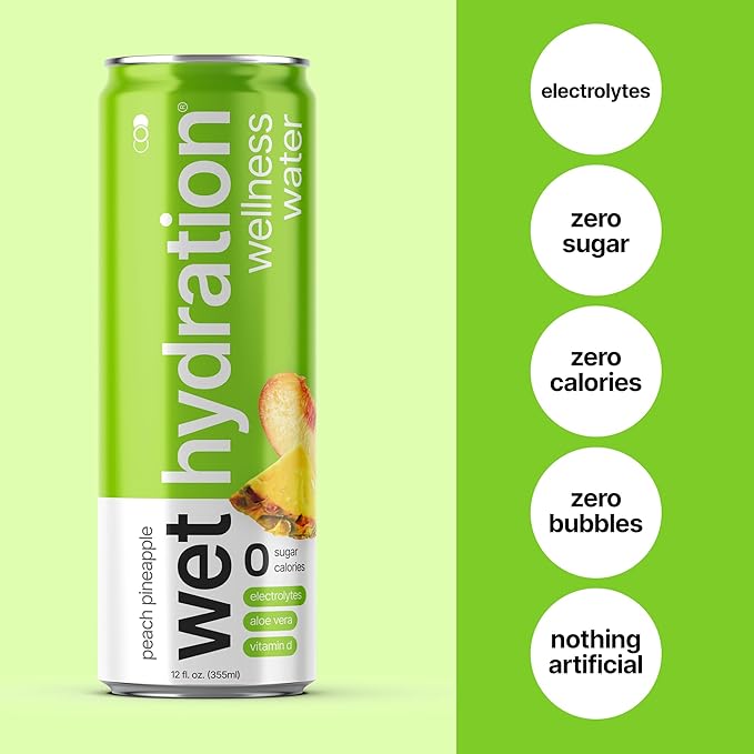 Wet Hydration, Zero Calorie, Functional Wellness Water - Peach Pineapple (12 Ounce Cans, Pack of 12) - Flavored Water, Hydration Drink, No Sugar, No Artificial Ingredients, Zero Calories (Packaging May Vary)