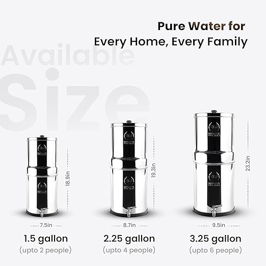 Gravity Water Filter System - 1.5 Gallons NSF Certified AISI 304 Stainless Steel Water Filter with 2 Smart Carbon Filters, 2 POSTreat Steel Fluoride Removal Elements & Free Stainless Steel Spigot