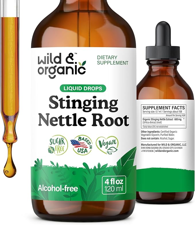 Wild & Organic Stinging Nettle Tincture - Stinging Nettle Root Extract Drops for Men & Women - Liquid Urtica Dioica Supplement - Vegan, Sugar & Alcohol-Free - 4 fl oz