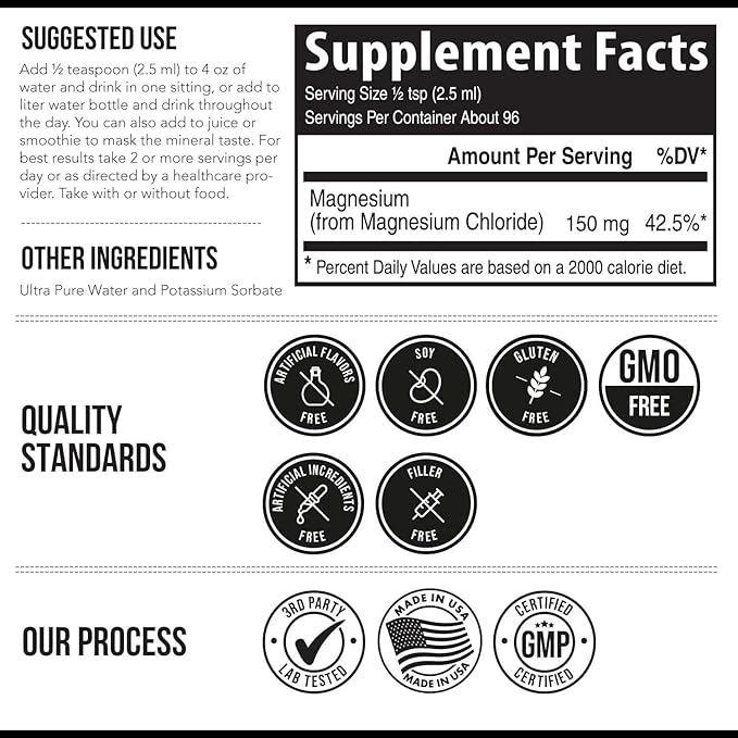 Liquid Magnesium | 8 oz - Ionic Magnesium Chloride, Highest & Fastest Absorption - Calm Mood, Sleep, Muscle Cramps & Spasms, Natural Laxative – Vegan, Glass Bottle (96 Servings)