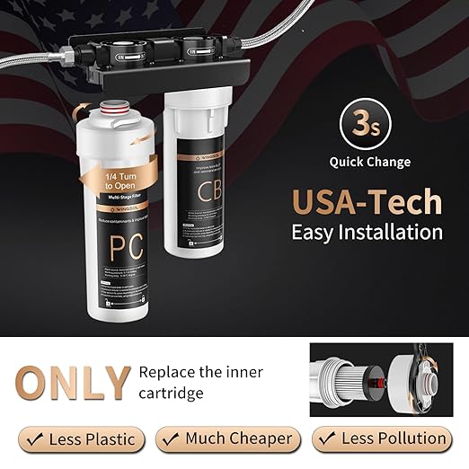 WINGSOL Under Sink Alkaline Water Filter, 2-Stage Water Filter System Reduces Heavy Metals, Chlorine, Sediment, Improves pH and Taste, Remineralization, NSF 42&53 Certified Under Sink Filter