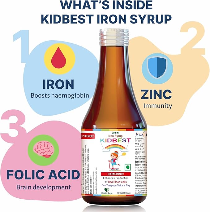 Liquid Iron Syrup for Kids – Triple Action with Folic Acid and Zinc – Boosts Hemoglobin, Appetite, and Immunity – No Metallic Taste – 200ml Liquid Supplement, Safe & Effective