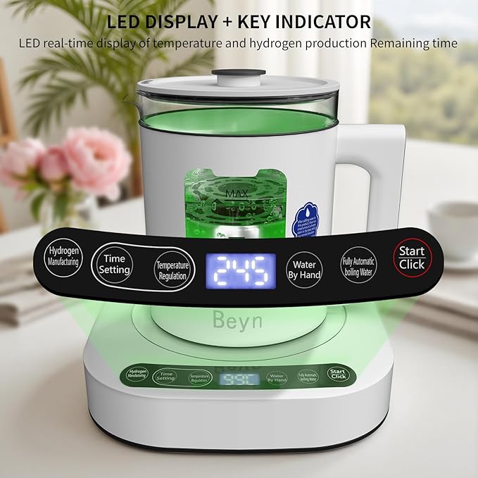 Beyn Selenium-Rich Hydrogen Water Pitcher, Dual-Effect Hydrogen Water Kettle, Electrolysis Jug with SPE/PEM Technology, Smart Constant Temperature Heating, Compatible with Multiple Water Types.