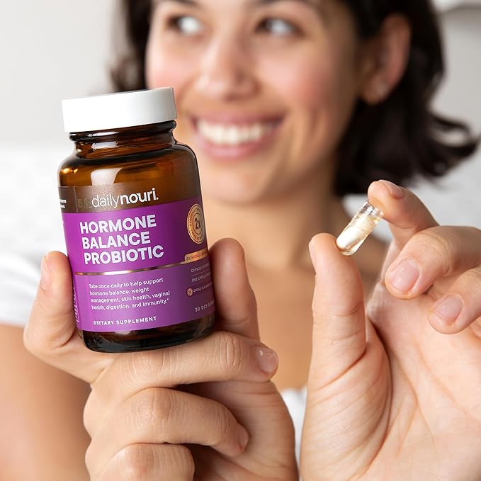 Daily Nouri Hormone Balance Probiotic for Women | Supports Healthy Estrogen, PMS, PCOS, Perimenopause, Vaginal pH, Yeast, Gut Health, Skin & Immunity | 7 Strains + Vegan Omega Oil | 30-Day Supply