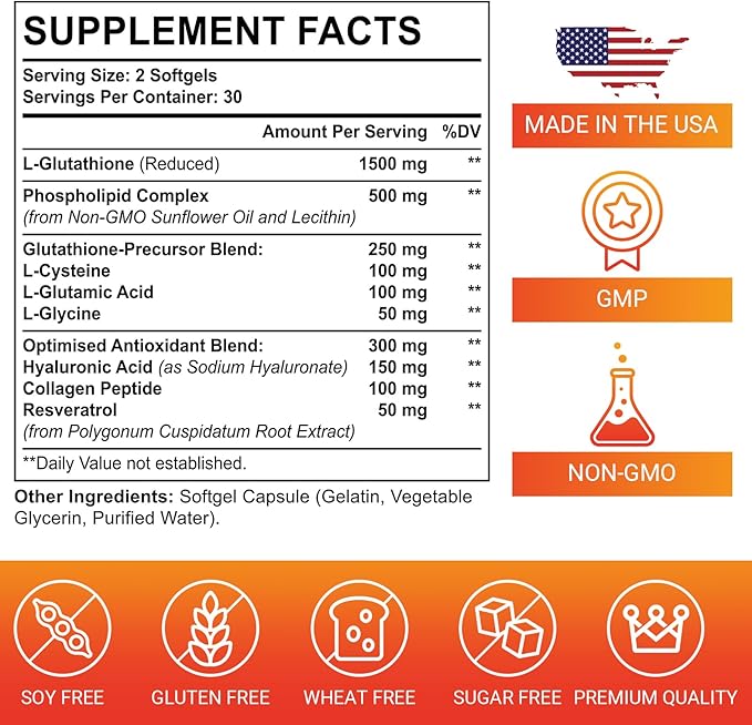 Liposomal Glutathione Softgels, Enhanced Absorption - Liposomal Delivery, Active Form L-Glutathione, Cellular, Immune Function & Liver Detox, Rich in Antioxidant Formula, Gluten Free, 120 Softgels