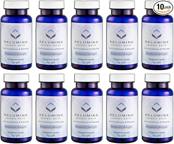 Relumins Advanced White Glutathione Capsules - Max Strength Brightening Supplement with ALA, Placenta, Rose HIPS & Vitamin C - Fights Oxidative Stress, Supports Collagen & Youthful Skin - 10 Bottles