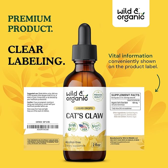 Wild & Organic Cats Claw Tincture - Immune Support Supplement - Liquid Cats Claw Supplement - Vegan, Sugar & Alcohol-Free Bark Extract Drops - 2 fl oz