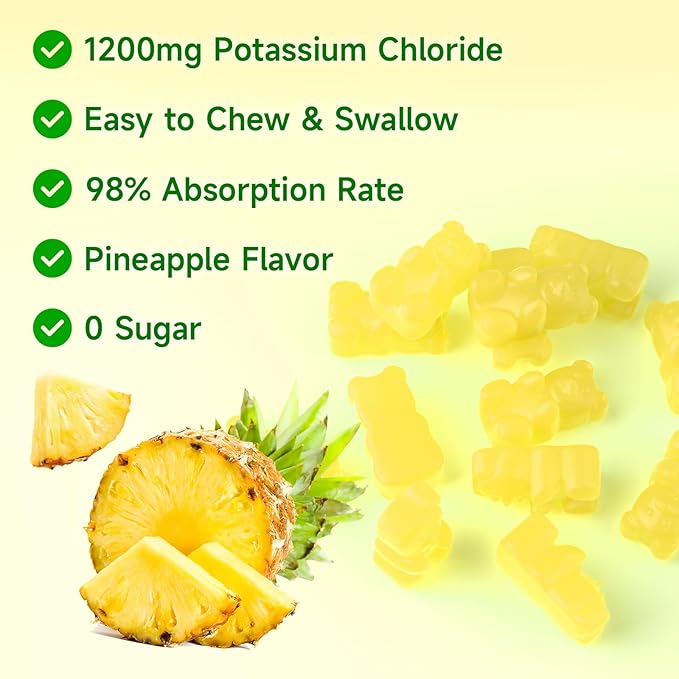 softbear Potassium Chloride Gummies 1200mg, Sugar-Free Potassium Gummies for Adults Support Leg Cramps High Potency Potassium Chloride Supplement, Pineapple Flavor 60 Count