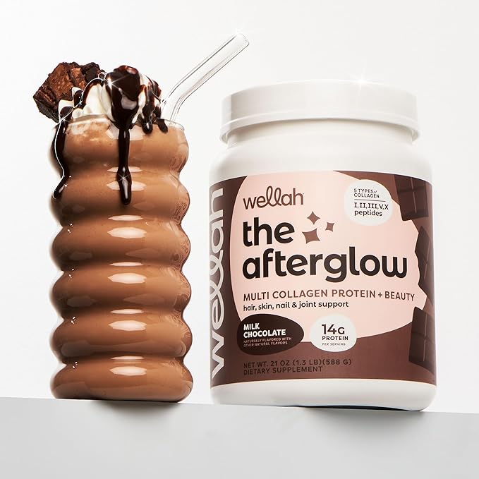 Wellah The Afterglow Multi Collagen Protein + Beauty (30 Servings, Chocolate) - Hair, Skin, Nail & Joint Support - Non-GMO & Gluten Free