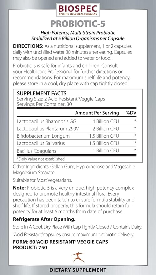Probiotic-5 – Broad-Spectrum Probiotic Complex w/ 5 Billion Microorganisms and 5 Unique Probiotic Strains per Capsule.