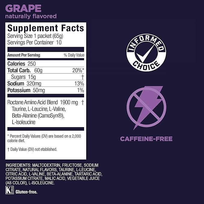 GU Energy Roctane Ultra Endurance Energy Drink Mix, Vegan, Gluten-Free, Kosher, Caffeine- Free, and Dairy-Free n-the-Go Energy for Any Workout, 10 Single-Serving Packets, Grape
