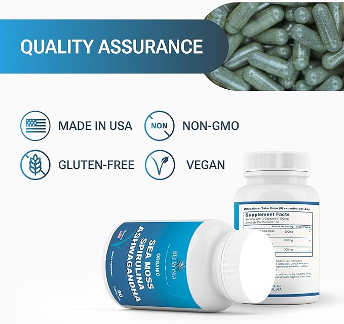 Sea Moss with Spirulina and Ashwagandha Blend Capsules, Mood, Immune Support & Stress Relief, Micro Ingredients & Antioxidants Source โ Non-GMO, Vegan Superfood Supplement, 90 Count
