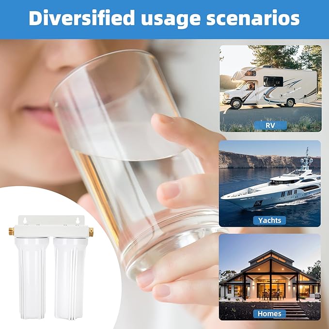 External RV Dual Water Filter System, Includes mounting bracket, two filters and two 3/4" GHT brass fittings, For reducing sediment, dirt, sand, odors and chlorine, For RVs Yachts Homes Marine