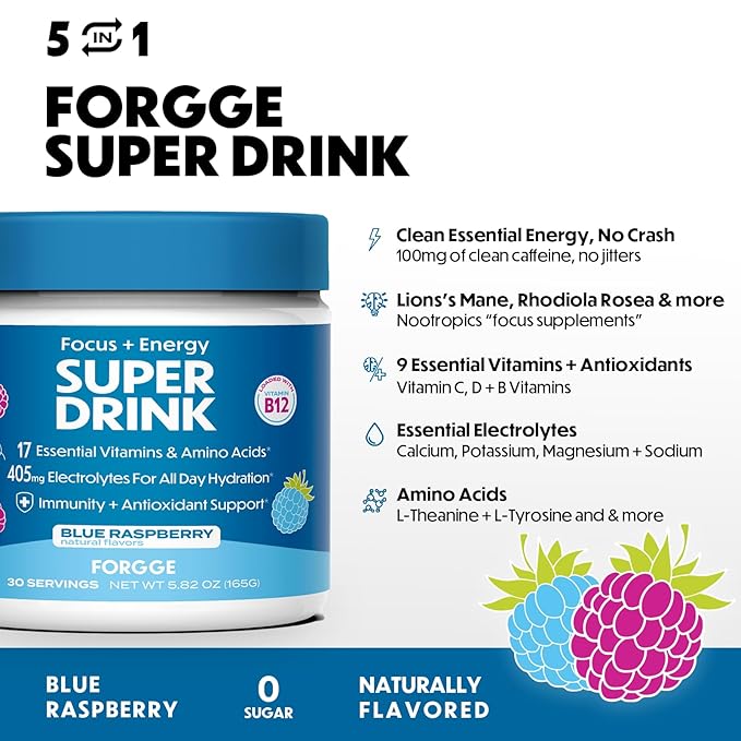 Forgge Healthy Energy Drink Mix - Clean Caffeine + B12, B6, C & D Vitamins - Sugar Free Energy Drink Powder with Electrolytes, Amino Acids, Antioxidants, Lions Mane - Vegan, Keto-Friendly - 30 SVG, Blue Raspberry
