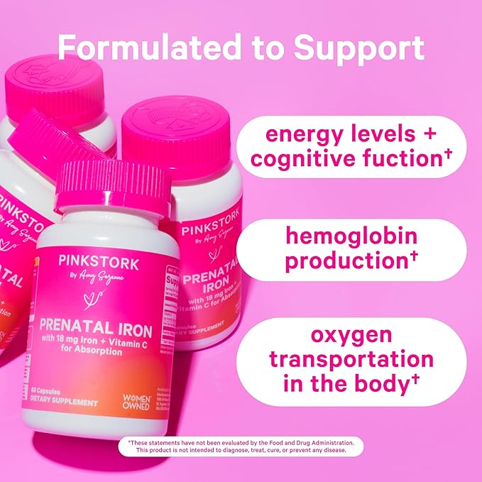 Pink Stork Prenatal Iron Supplement for Women - 18 mg Non-Constipating Iron & Vitamin C for Pregnancy, Postpartum, & Breastfeeding - Focus, Fatigue, & Blood Cell Production - 4 Month Supply