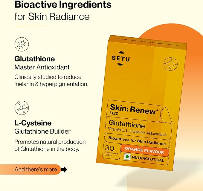 SETU Glutathione Effervescent Tablets with 500mg L-Glutathione & Vitamin C | Sugar-Free Antioxidant Supplement | Orange (Pack of 6)