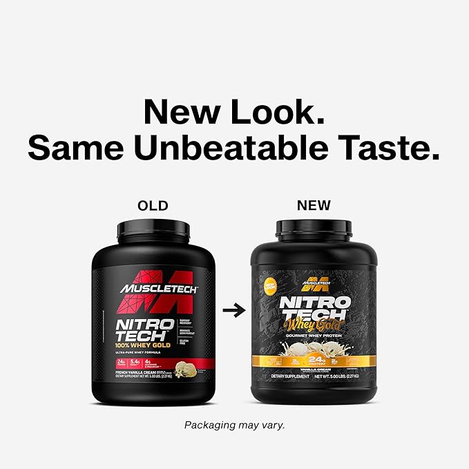 Muscletech Whey Protein Powder (French Vanilla Cream, 5LB) - Nitro-Tech Whey Protein Isolate Smoothie Mix for Lean Muscle & Recovery - 24g of Whey Gold Protein for Women & Men - Packaging May Vary