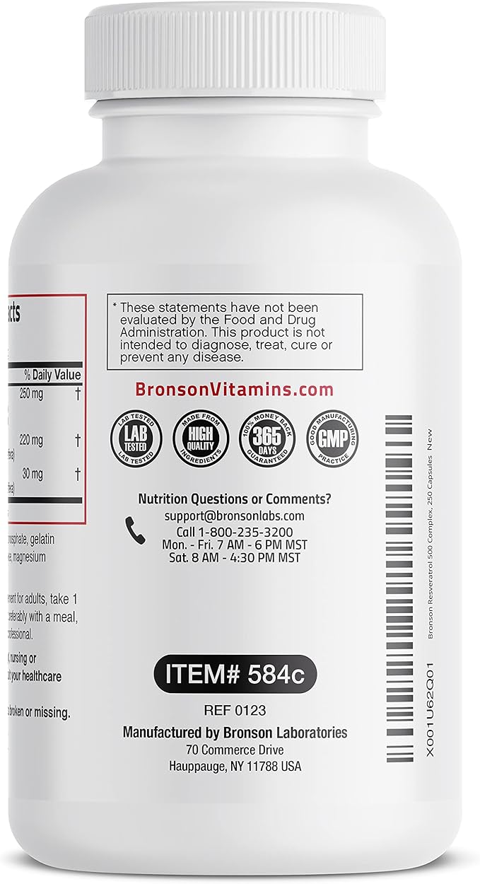 Bronson Resveratrol 500 Complex Standardized Trans-Resveratrol + Grape Seed & Red Wine Extract, 250 Capsules