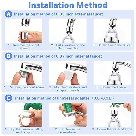 8 PCS Sink Water Filter Faucet Set, Universal 360 ° Rotating Kitchen Faucet Water Purifier, Bathroom Faucet Filter Removes Chlorine Fluoride Hard Water for Home Kitchen & Bathroom