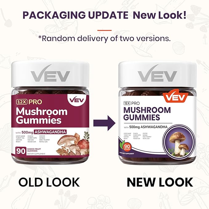 VEV Mushroom Gummies for Adults - 12x Mushroom Supplement with Lions Mane, Reishi, Cordyceps, and Turkey Tail - Ashwagandha - 90 Vegan Gummies