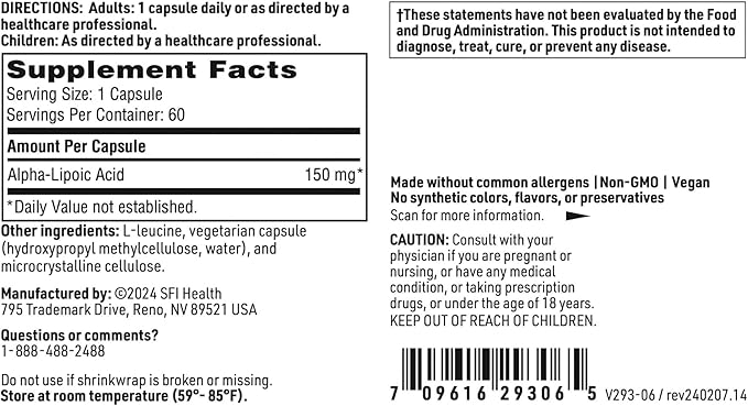 Klaire Labs SFI Health Alpha-Lipoic Acid 150mg - ALA Supplement to Promote Liver Detox, Antioxidant Support - Hypoallergenic & Corn-Free (60 Capsules)