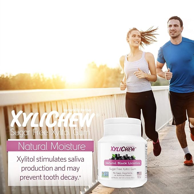 Xylichew 100% Xylitol Chewing Gum Jars - Non GMO, Gluten, Aspartame, and Sugar Free Gum - Natural Oral Care, Relieves Bad Breath and Dry Mouth - Licorice, 60 Count (Pack of 4)