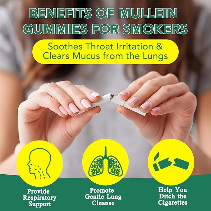 Mullein Gummies for Lung Detox, Mullein Herbal Supplement, 2000mg Mullein Leaf Extract for Respiratory & Digestive & Immune Support - 60 Gummies