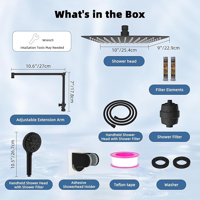 iFealClear Metal Rain Filtered Shower Head, 10” High Pressure Rainfall Shower Head with Handheld Spray, 10 Mode Handheld Powerful Wash, 16" Adjustable Extension Arm, 2 Pack Shower Filters, Matte Black