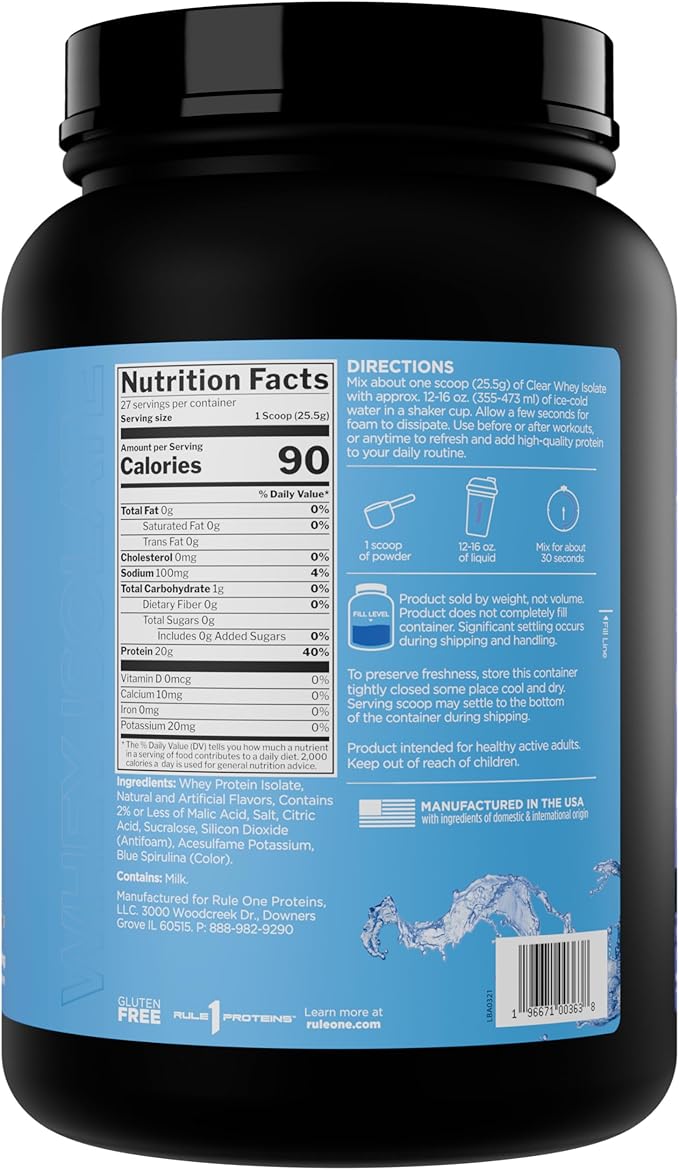 Rule 1 Clear Whey Isolate - 20g All-whey Isolate Protein, Over 9g EAAs, 300mg of Electrolyte Minerals, 90 Calories, Light, Crisp, and Refreshing Taste (27 Servings, Blue Raspberry)