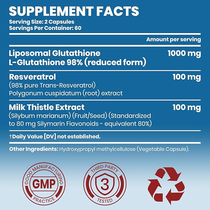 Liposomal Glutathione, Reduced Setria L-Glutathione, with Trans-Resveratrol & Milk Thistle, Liposomal Delivery for Daily Nutritional Support, Liver Wellness & Skin Health - 120 Capsules
