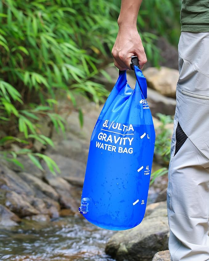Ultra Gravity Water Bag, Compatible with Water Filter & Water Filtration System, Gravity Water Filter Bag for Camping Hiking Backpacking, Portable Foldable Hangable Design(8L/2Gal)